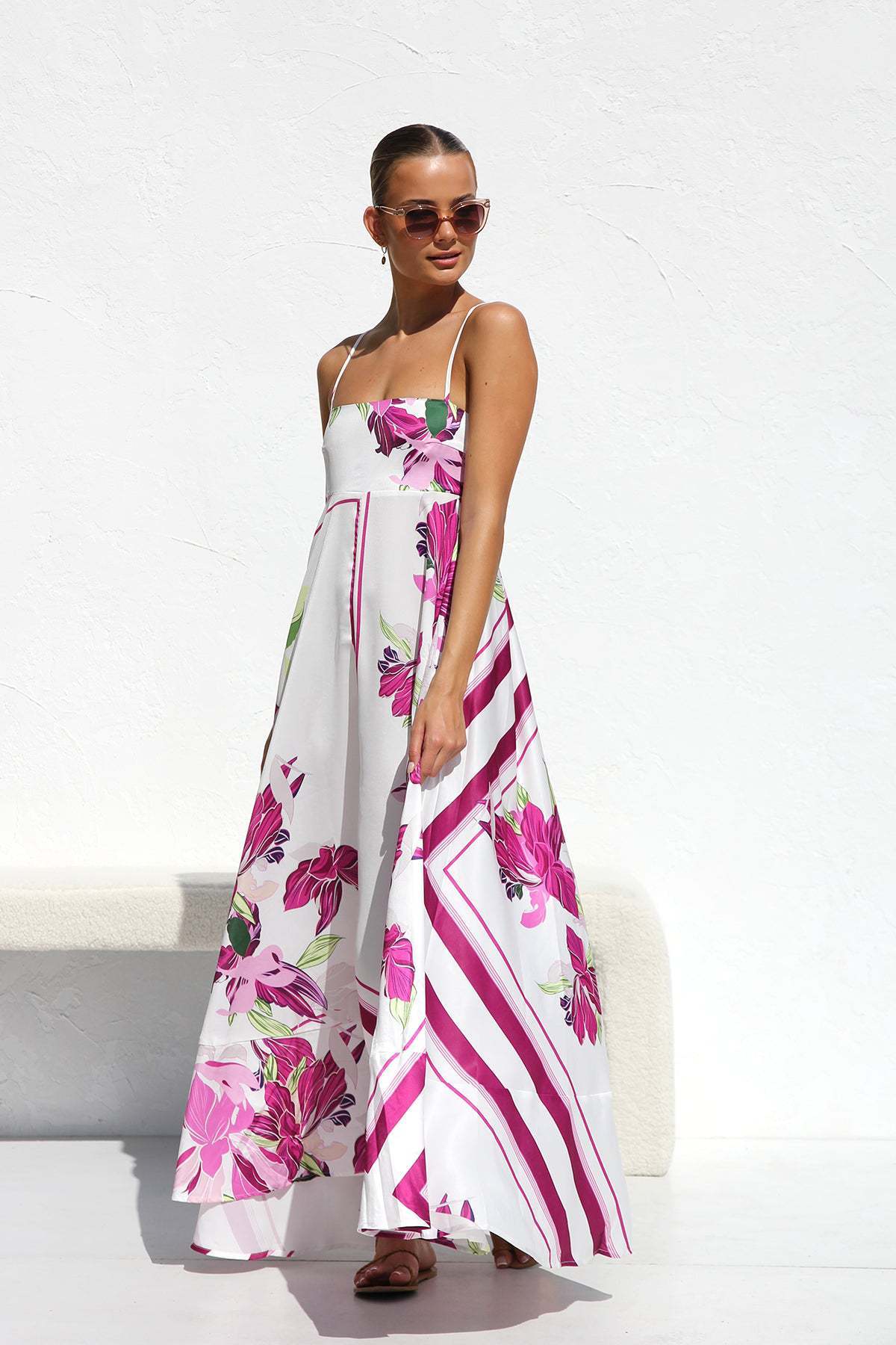 Striped dress with open back belt