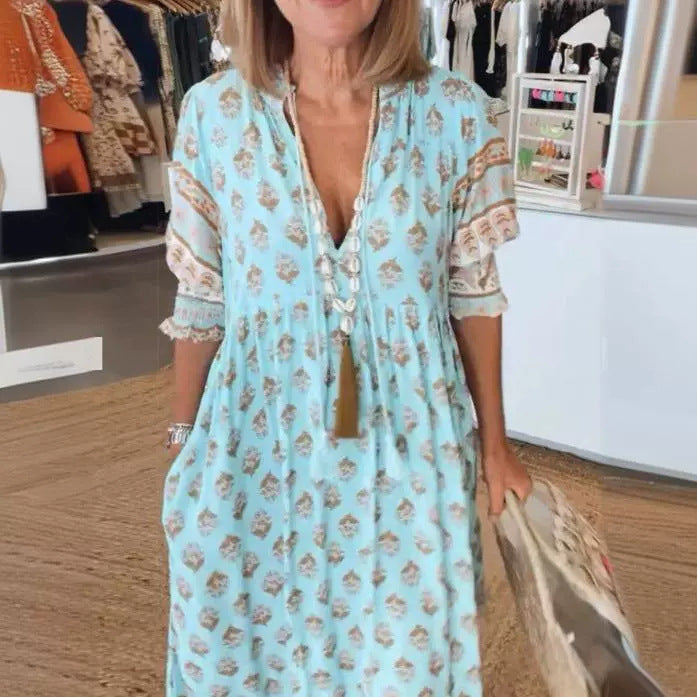 Women's bohemian V-Neck Puff Sleeve Summer Dress