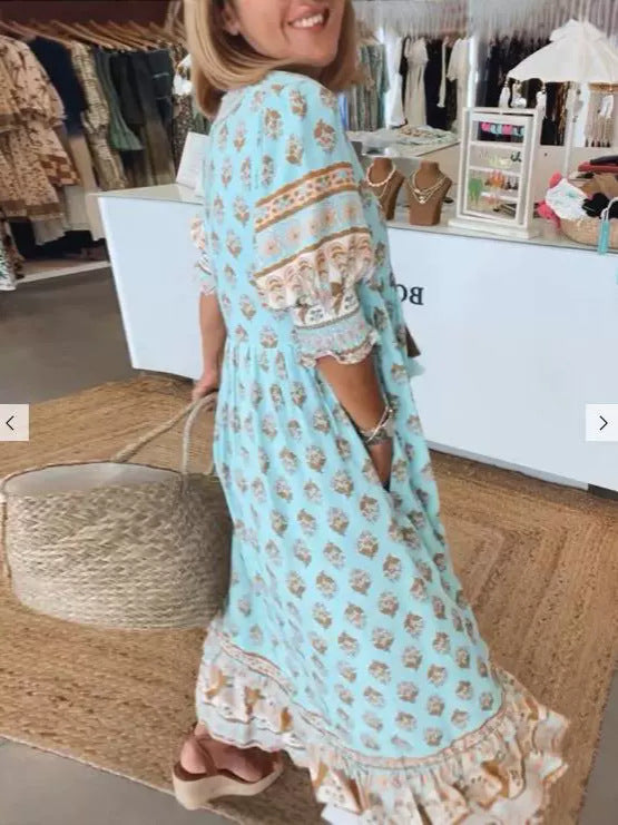 Women's bohemian V-Neck Puff Sleeve Summer Dress