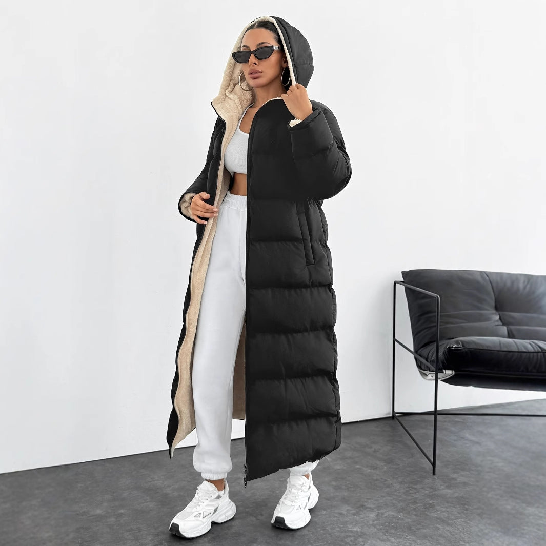 long puffer coat with a hood