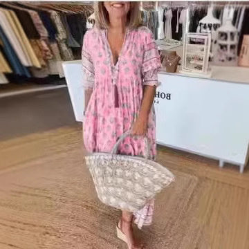 Women's bohemian V-Neck Puff Sleeve Summer Dress