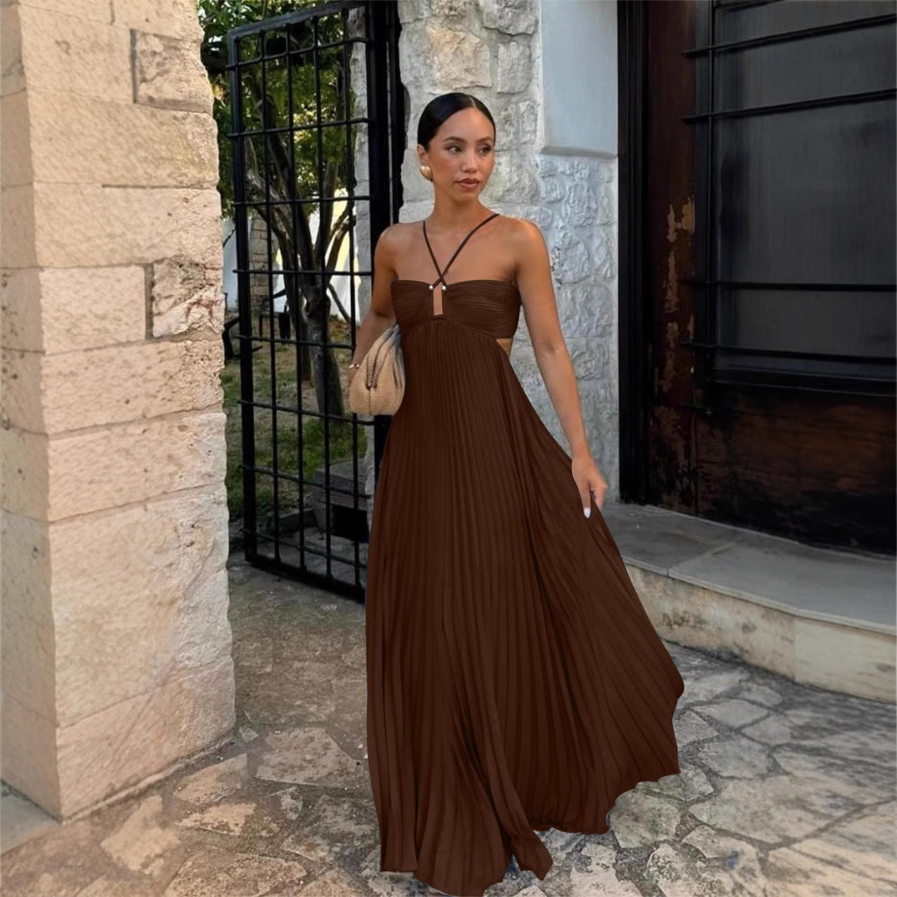 Flowing pleated strapless dress