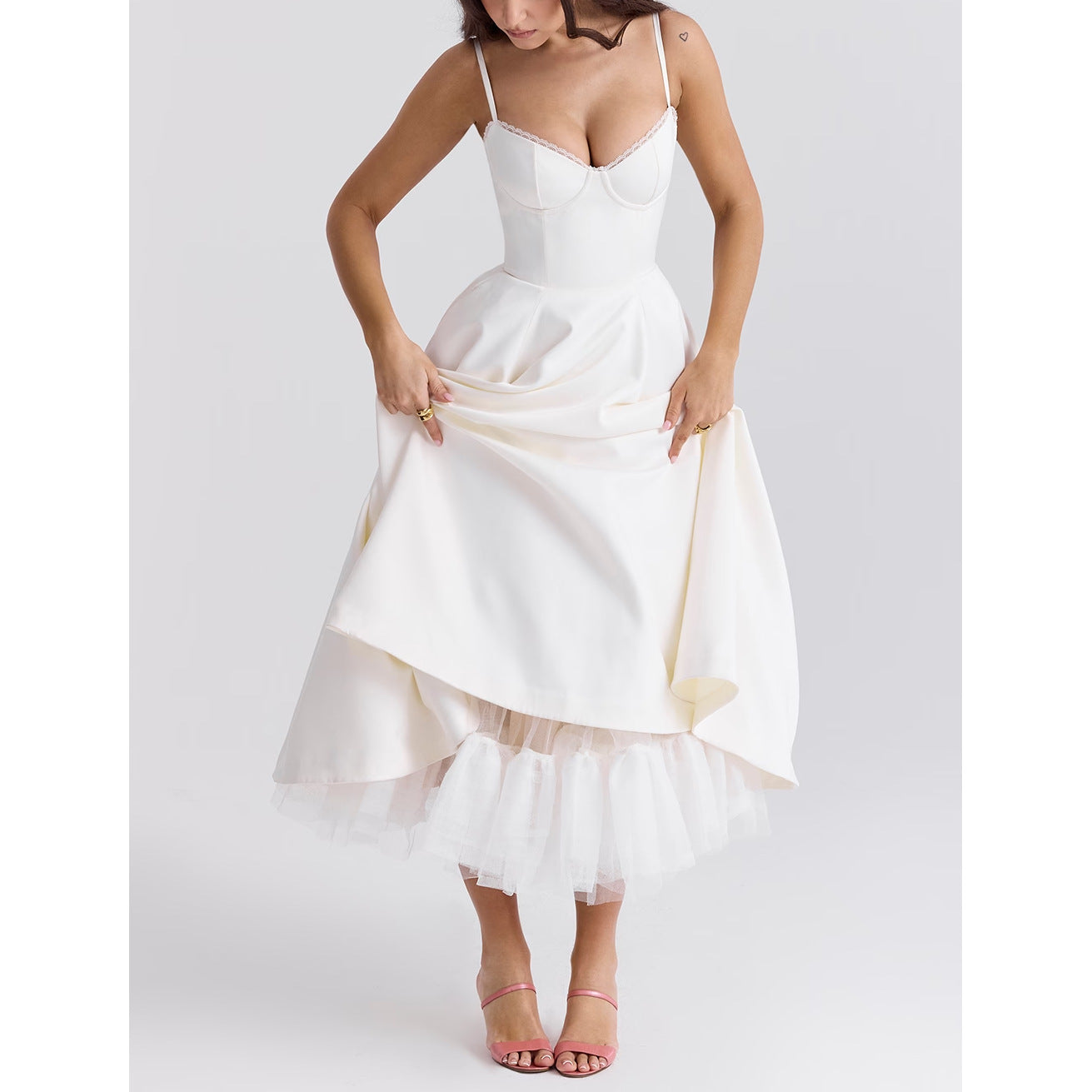 Women's Long Pink Dress - Bustier Style and Voluminous Skirt