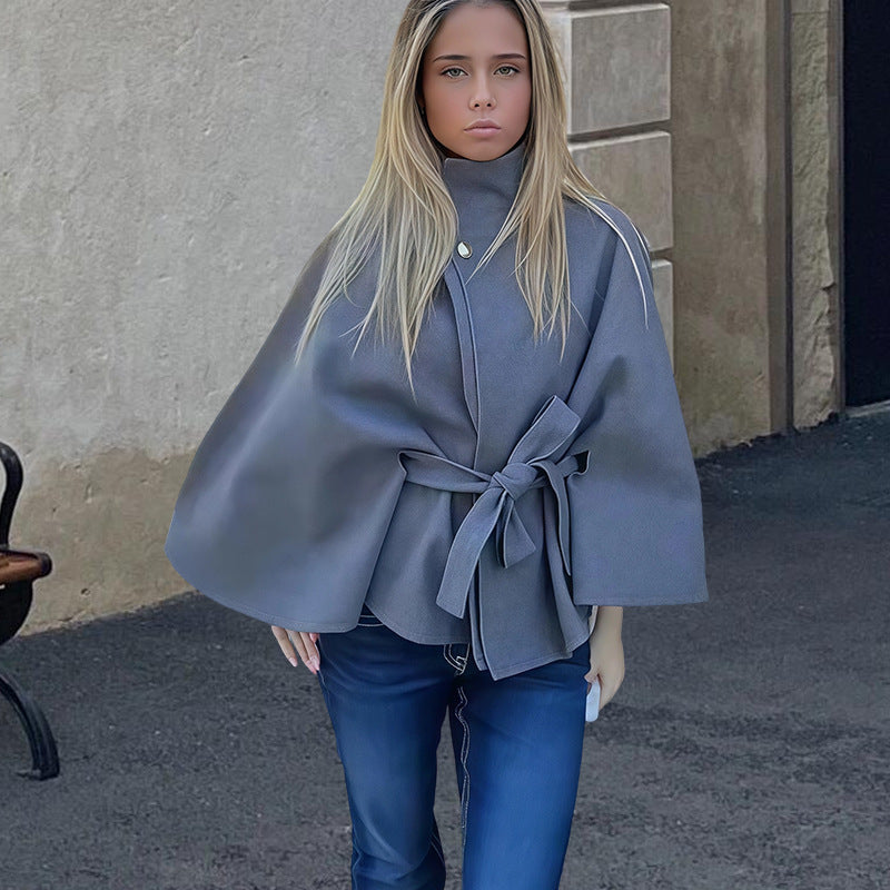 Elegant Belted Woolen Cape Jacket