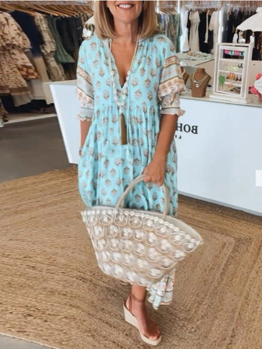 Women's bohemian V-Neck Puff Sleeve Summer Dress