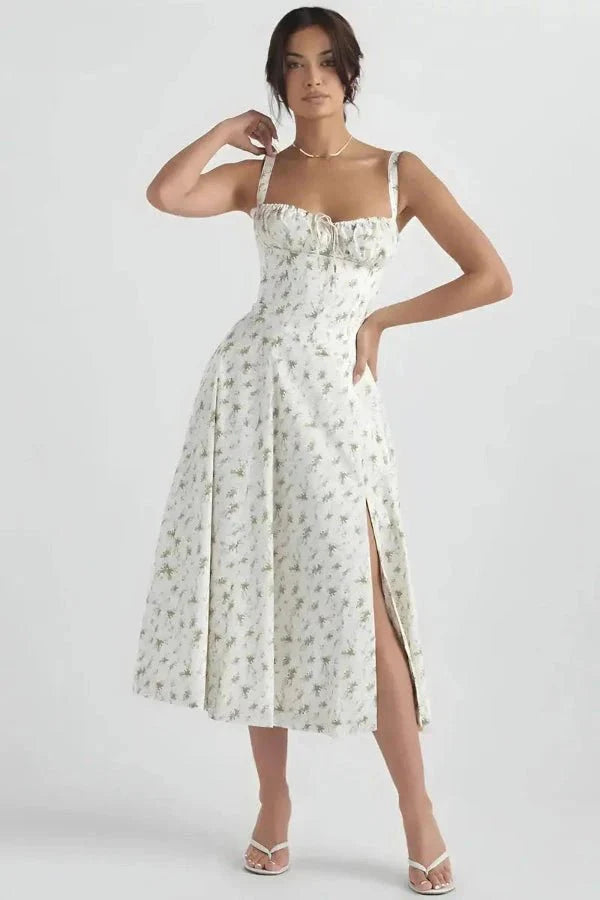 Women's Floral Midi Dress Corset Style Square Neck with Slit | Dripi Dripiume Women's Floral Midi Dress Corset Style Square Neck with Slit | Dripi Dripiume