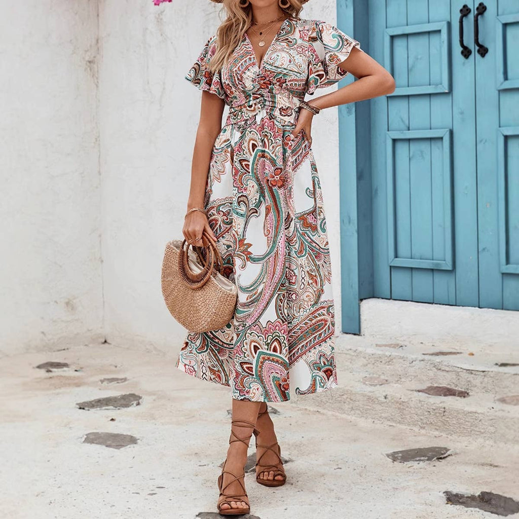 Women’s V-Neck Printed High-Waisted Midi Dress – Elegant Casual | Dripiume