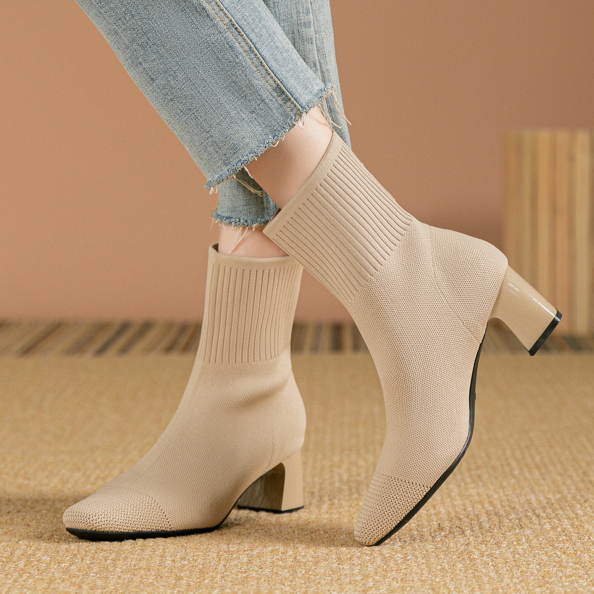 Women’s Knit Sock Boots – Chunky Heel Ankle Booties | Dripiume