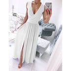 Elegant White V-Neck Maxi Dress with Front Slit