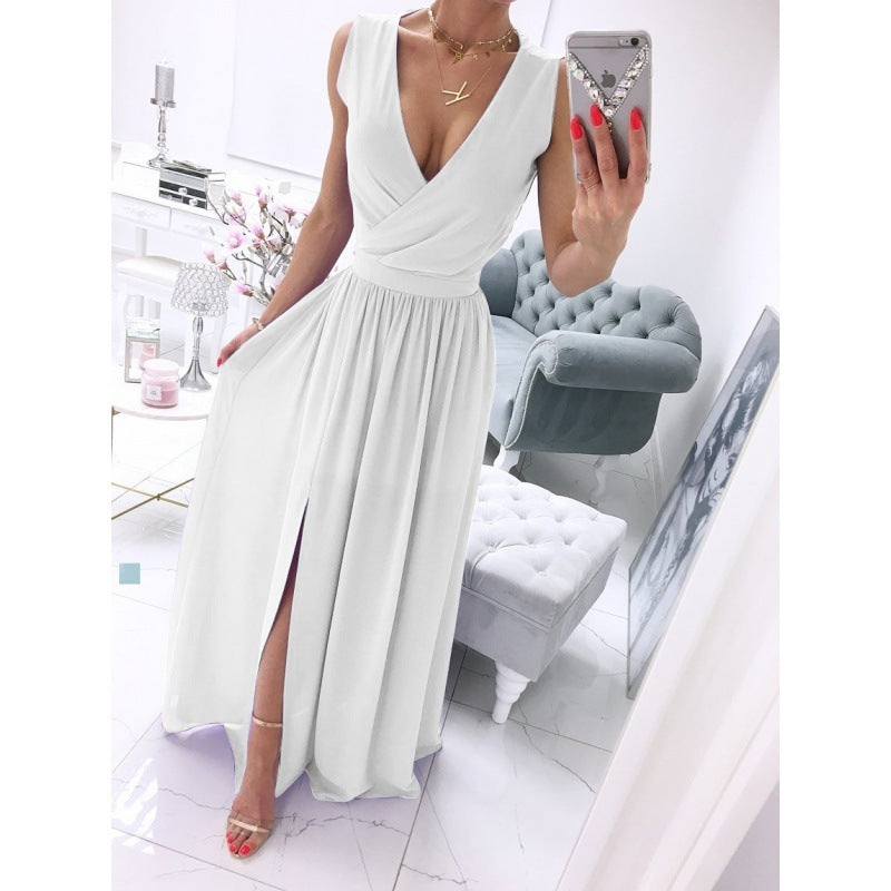 Elegant White V-Neck Maxi Dress with Front Slit