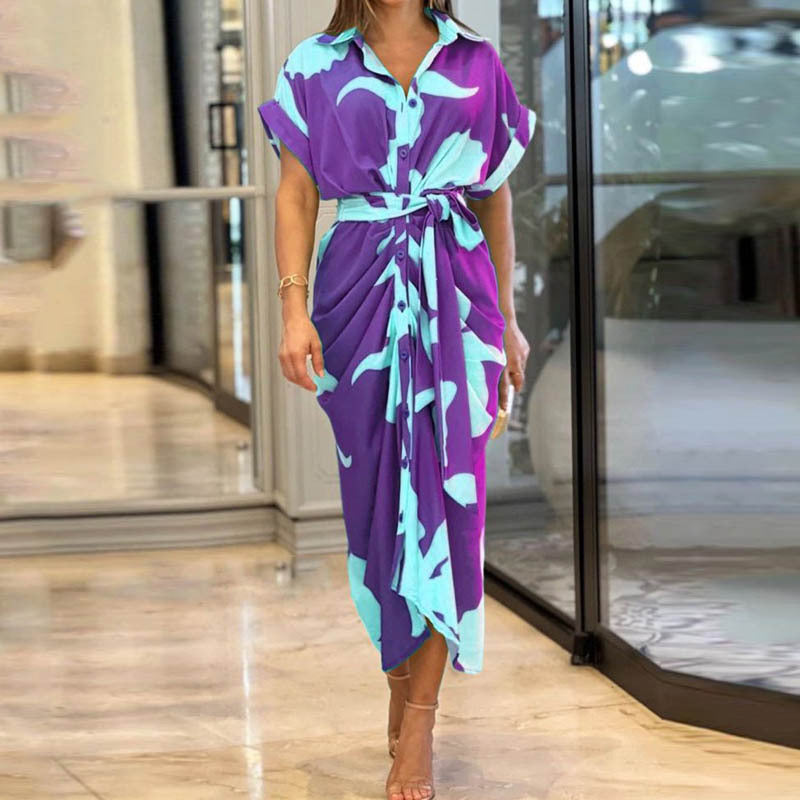 Women's Button-Front Shirt Long Dress with Belt