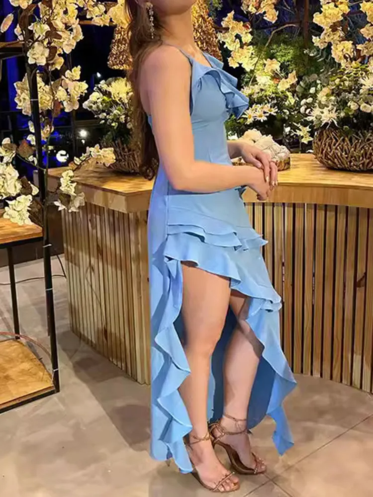 Ruffled Long Dress with Side Slit & Flowy Silhouette – Sofia