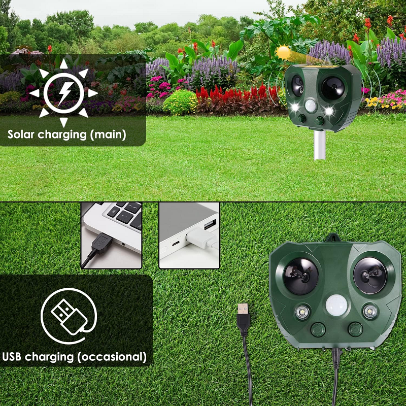 Solar Ultrasonic Bird Repeller Outdoor Garden Pest Deterrent with LED Flash Light