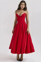 Women’s Strapless Corset Midi Dress – Sweetheart Neck Evening Style
