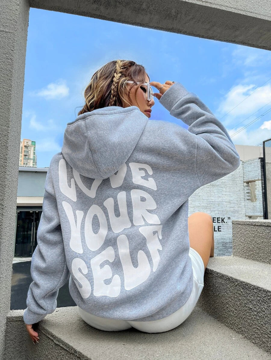 Oversized Women Hoodie with Inspiring Slogan: 'Love Yourself'