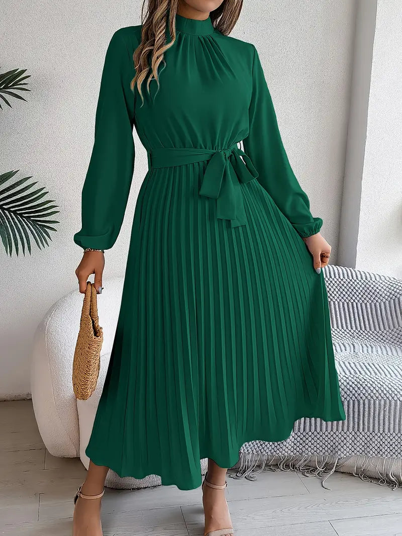 Women’s Long-Sleeve Pleated Midi Dress With Belted Waist