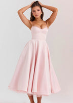 Women's Pink Midi Dress - Bustier Style and Voluminous Skirt