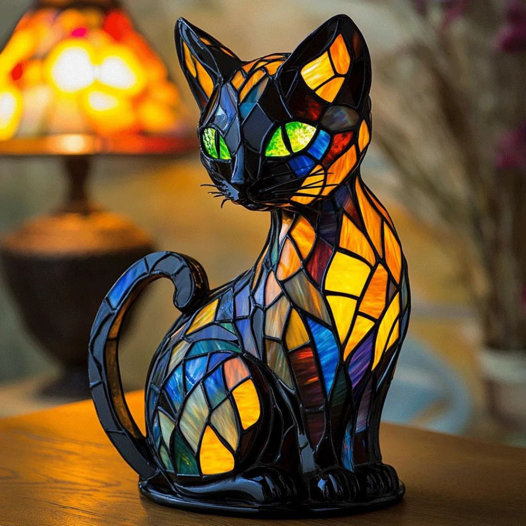 Handcrafted Stained Glass Cat Lamp Decorative LED Night Light Home Decor Gift