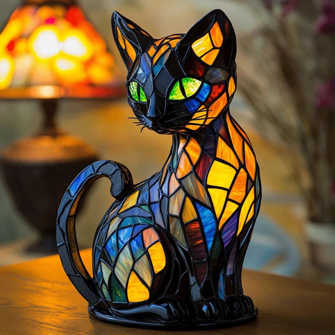Handcrafted Stained Glass Cat Lamp Decorative LED Night Light Home Decor Gift