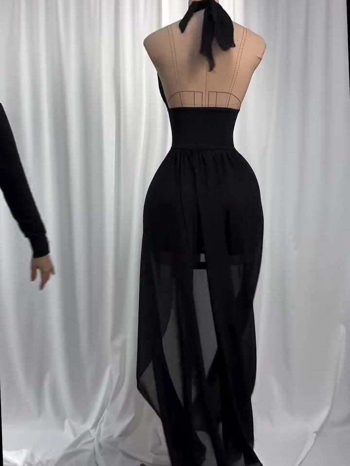 One-Shoulder Black Tulle Long Dress with Tie Details & Elegant Fit – Harley