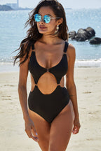 Women’s Two-Tone One-Piece Swimsuit with Deep V Neck and Cut-Out Design