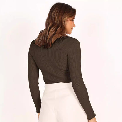 Ribbed Round Neck Slim-Fit Long Sleeve Top
