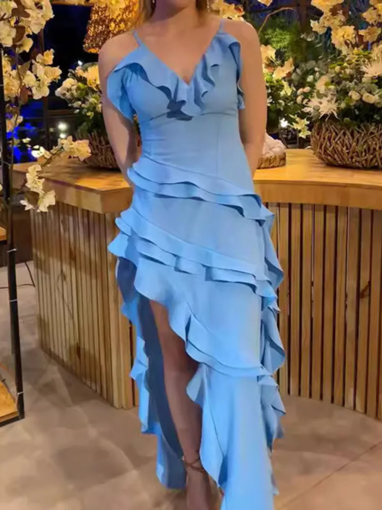 Ruffled Long Dress with Side Slit & Flowy Silhouette – Sofia