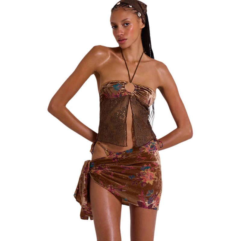 Women’s 3 Piece Bikini Set – Halter Crop Top & Sarong Cover Up | Dripiume
