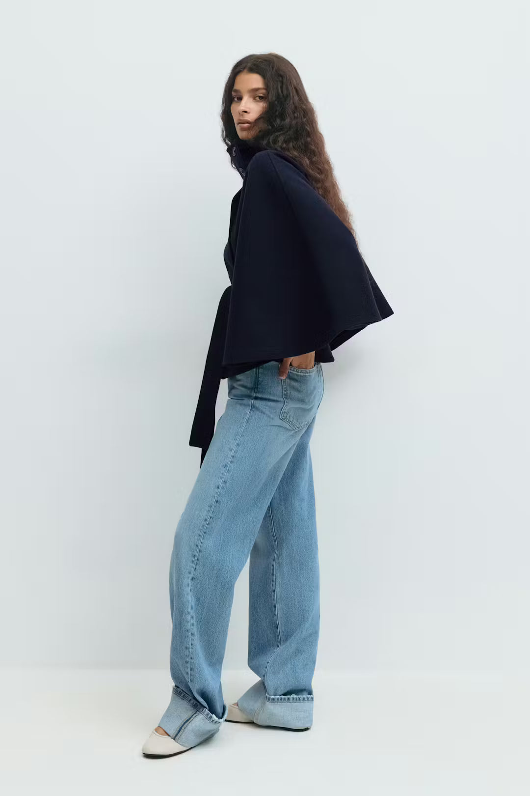 Women's Elegant High-Neck Batwing Sleeve Trench Coat with Belt