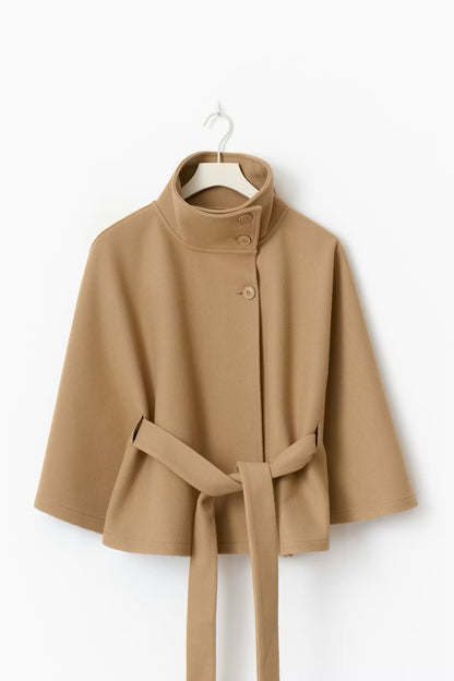 Women's Elegant High-Neck Batwing Sleeve Trench Coat with Belt