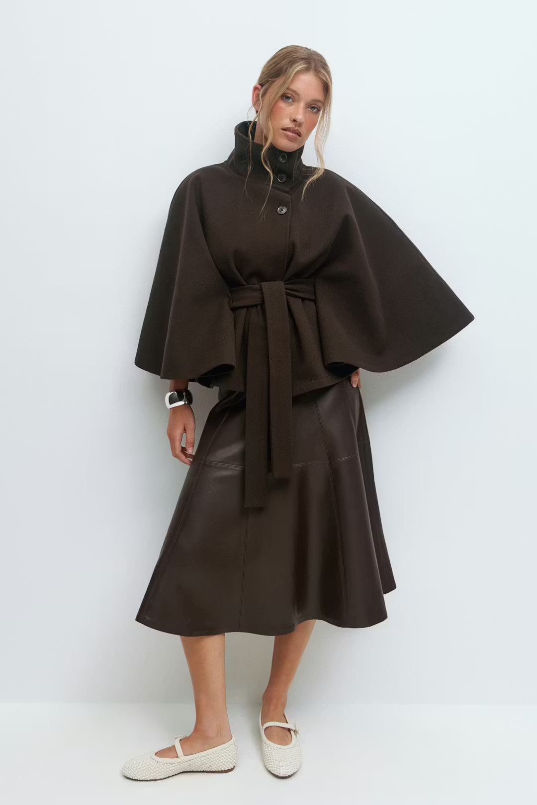 Women's Elegant High-Neck Batwing Sleeve Trench Coat with Belt