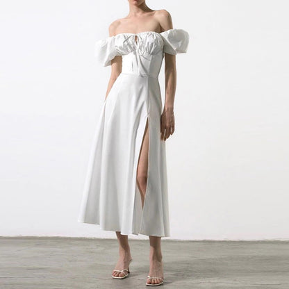 Puff Sleeve Lace-Up Midi Dress