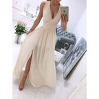 Elegant White V-Neck Maxi Dress with Front Slit