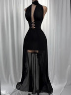 One-Shoulder Black Tulle Long Dress with Tie Details & Elegant Fit – Harley