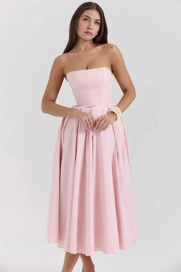 Women's Wedding Guest Dress Midi Evening Strapless Pleated Tulle Skirt Twill Rayon Pink – Aneri