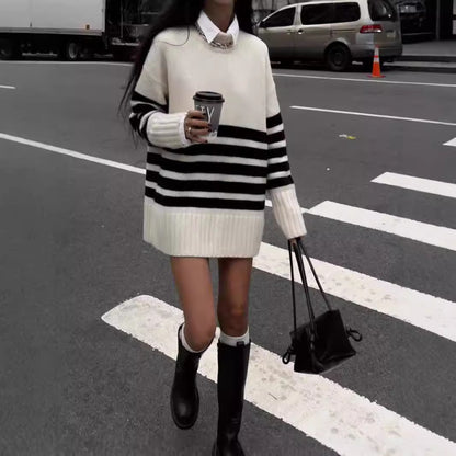 Black & White Striped Turtleneck Knit Sweater
