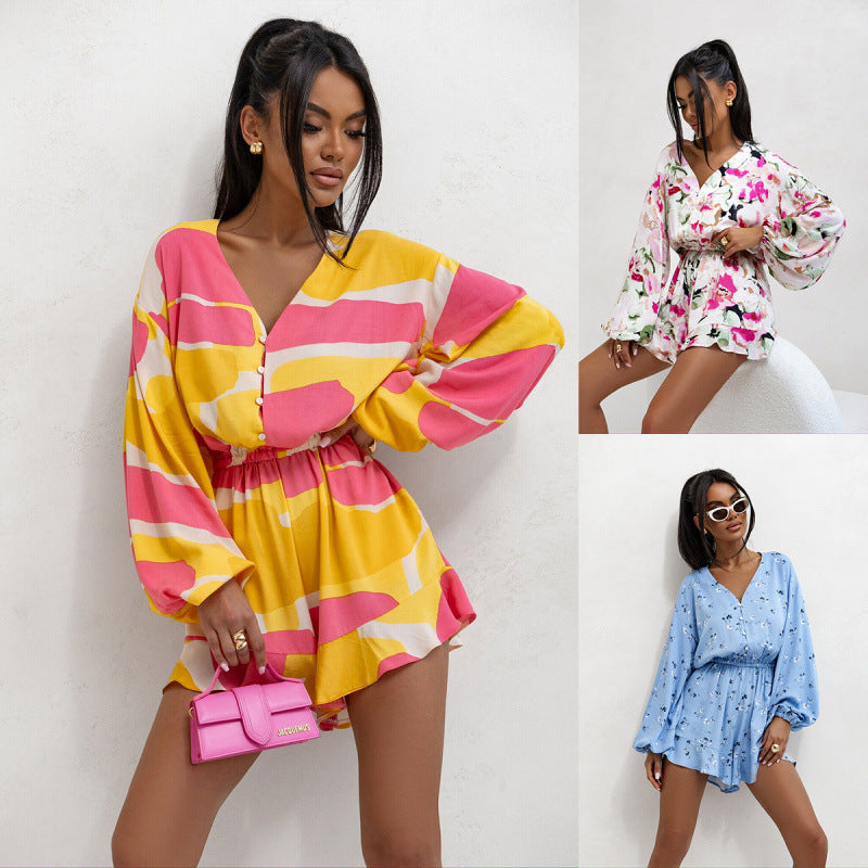 Women’s Printed V-Neck Long Sleeve Romper