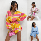 Women’s Printed V-Neck Long Sleeve Romper