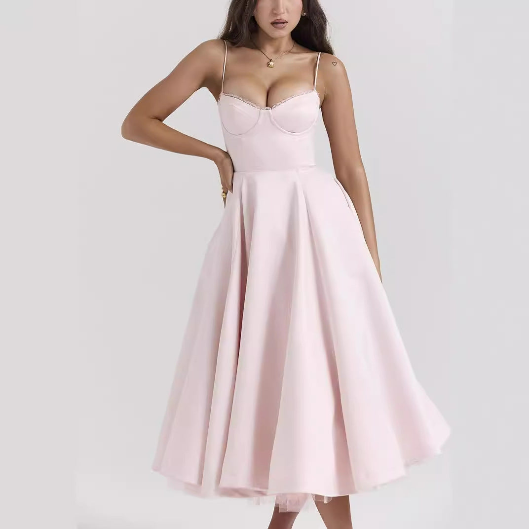 Women's Pink Midi Dress - Bustier Style and Voluminous Skirt