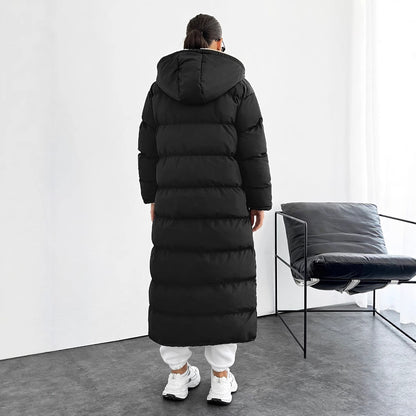 long puffer coat with a hood