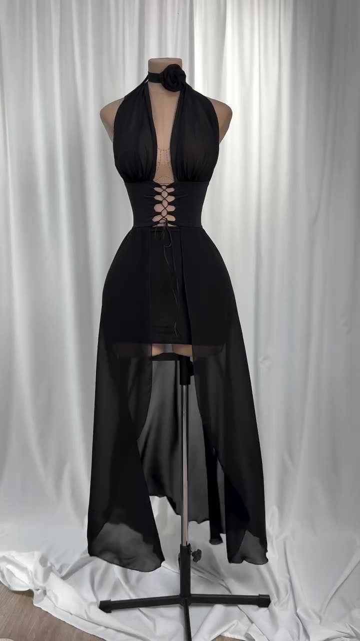 One-Shoulder Black Tulle Long Dress with Tie Details & Elegant Fit – Harley