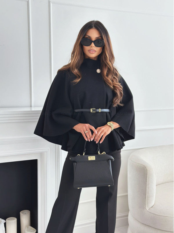 Elegant Woolen Cloak Top with Belt