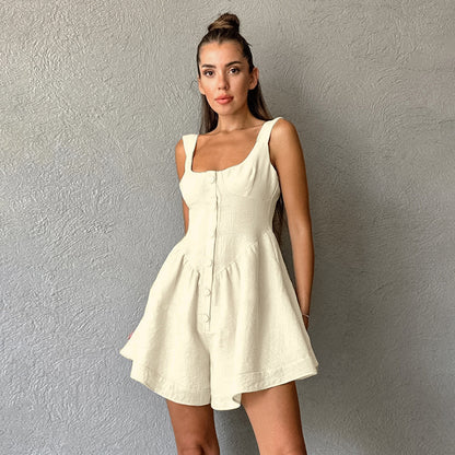 Women's Sleeveless Jumpsuit Large Linen Khaki