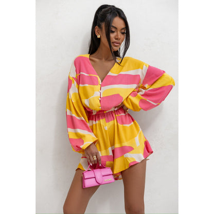 Women’s Printed V-Neck Long Sleeve Romper