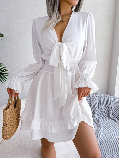 Solid Color V-Neck Lace-Up Dress