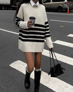 Black & White Striped Turtleneck Knit Sweater