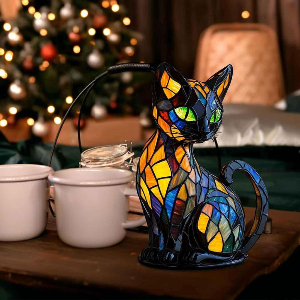 Handcrafted Stained Glass Cat Lamp Decorative LED Night Light Home Decor Gift