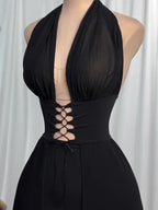 One-Shoulder Black Tulle Long Dress with Tie Details & Elegant Fit – Harley
