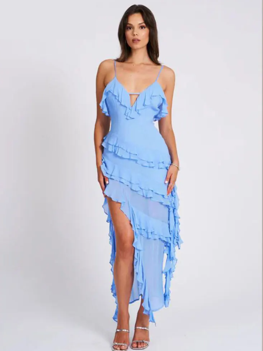Ruffled Long Dress with Side Slit & Flowy Silhouette – Sofia