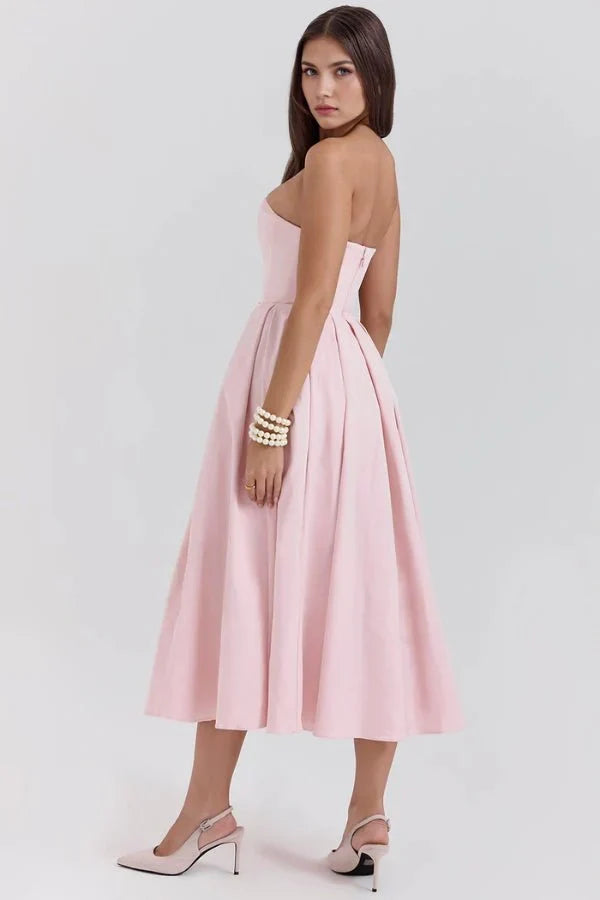 Women's Wedding Guest Dress Midi Evening Strapless Pleated Tulle Skirt Twill Rayon Pink – Aneri
